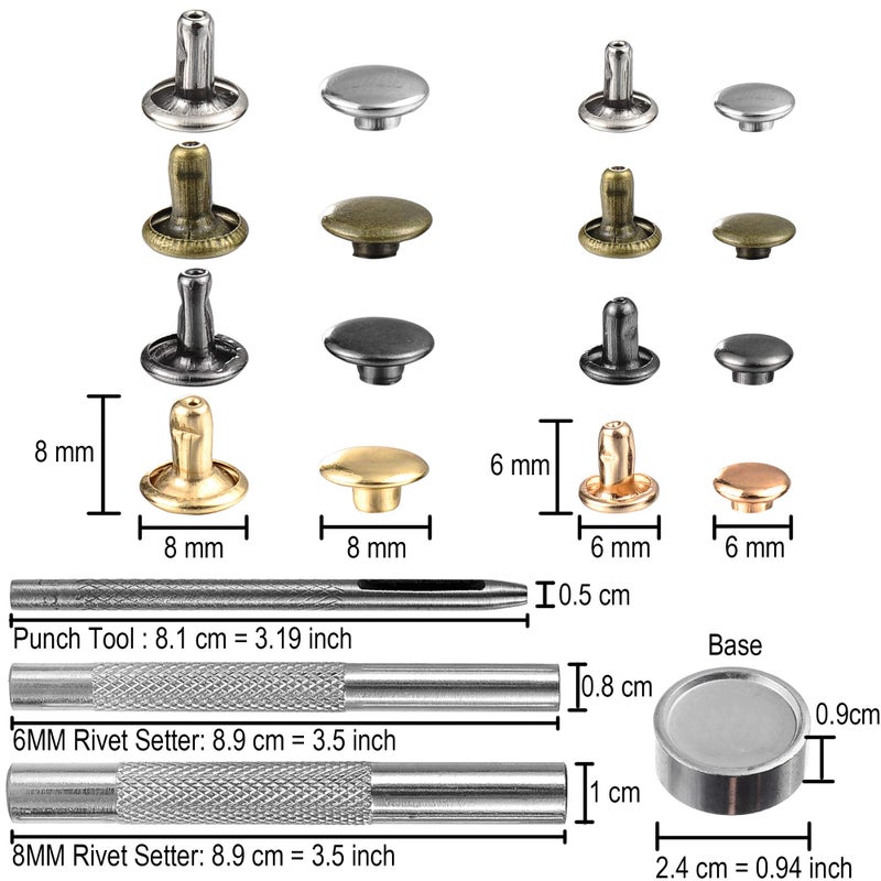 YORANYO 640 Sets Mixed Color Leather Rivets Kit Mixed Size Double Cap Rivets Garment Rivets with Rivet Press Setter Tool for Leather Craft Clothing Shoes Belts Bags Rivets 4 Color 2 Sizes - Image 2